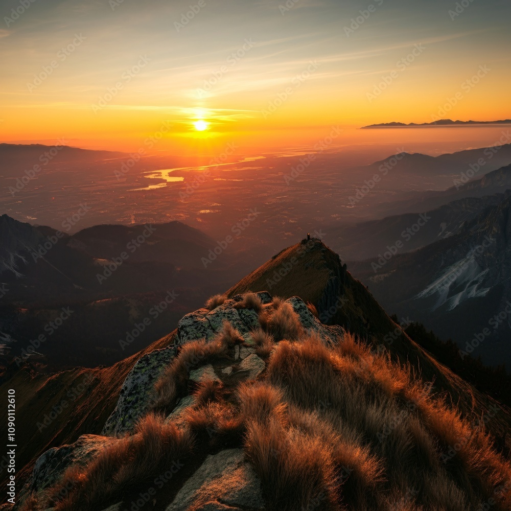 Fototapeta premium Sunset view from a mountain peak, overlooking a scenic valley