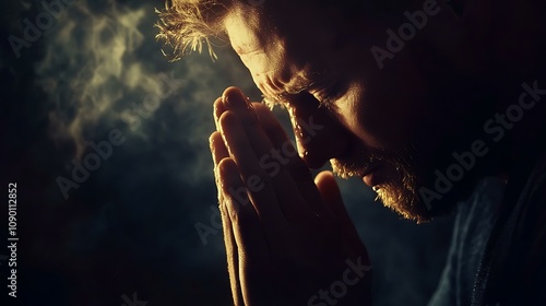 Close-up of a man praying with hands together, tears on his face, eyes closed, in a dark background with a heavenly light shining softly