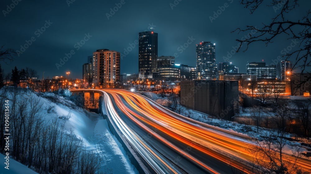 Fototapeta premium Night cityscape with highway traffic and snow.