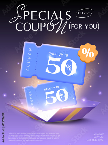 Couple of 3d special coupons with percent sale off, coupon code, on opened collapsed gift box, isolated on dark background with shining effect. Gift voucher for exclusive promotion event vector banner
