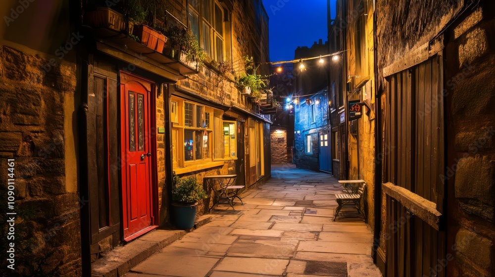Fototapeta premium Night scene of a narrow, charming cobblestone alleyway with illuminated buildings, red door, and string lights.