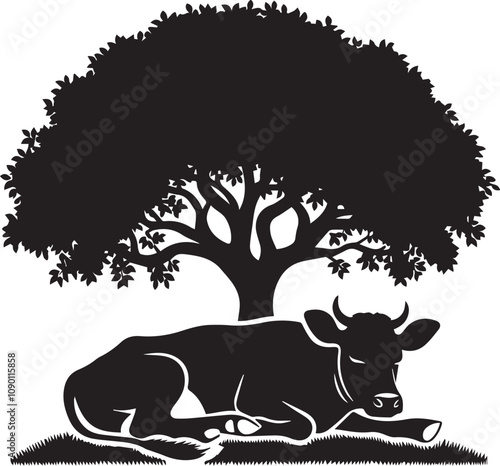 A sleepy cow silhouette lying down under a tree