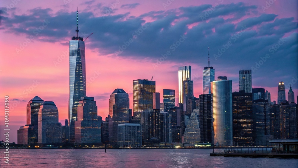 Obraz premium Soft pink and blue gradient light source illuminates a vibrant vertical cityscape at sunset, gradient, sunset, landscape, colorful, scenery