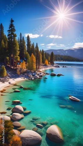 Serene Lake Tahoe Autumnal Scene Sunny Sky, Rocky Shore, Conifers. Generative AI
