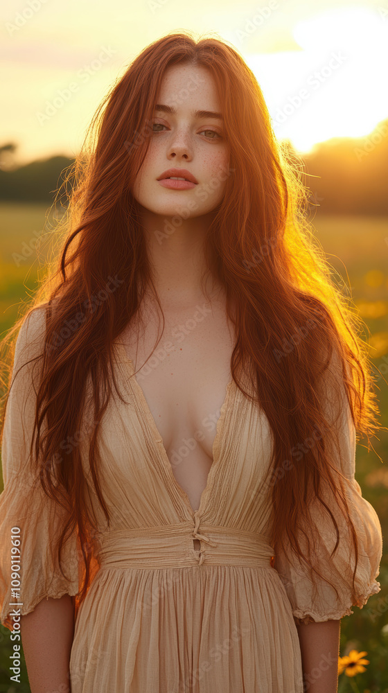 Fototapeta premium woman with long red hair stands in field at sunset, wearing flowing beige dress. warm glow of sun highlights her serene expression and natural beauty of scene