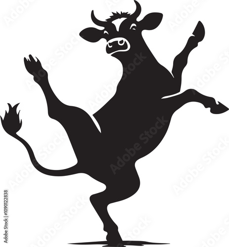 A cow silhouette with a playful expression kicking its legs