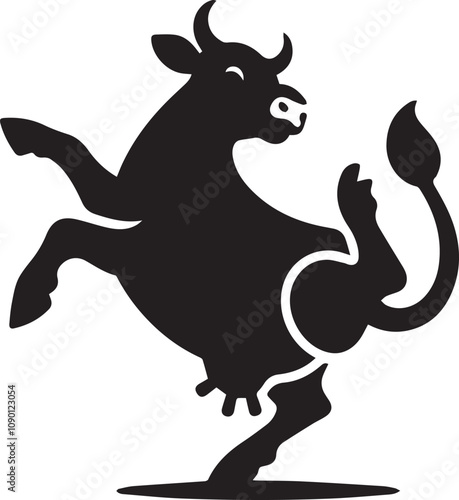 A cow silhouette with a playful expression kicking its legs