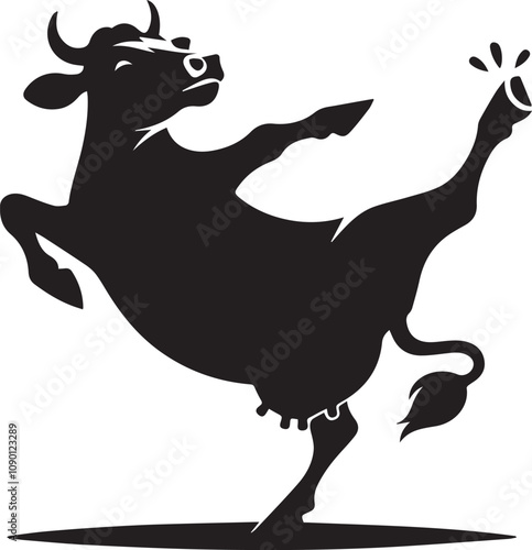 A cow silhouette with a playful expression kicking its legs