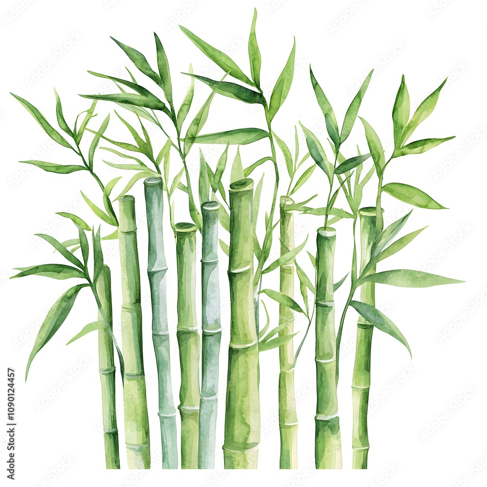 Obraz premium Lush Green Bamboo Forest Watercolor Painting Asian Plants Nature Botanical Illustration