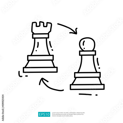 The image illustrates a chess rook and pawn, showcasing their transformation in a simplified, hand-drawn style.