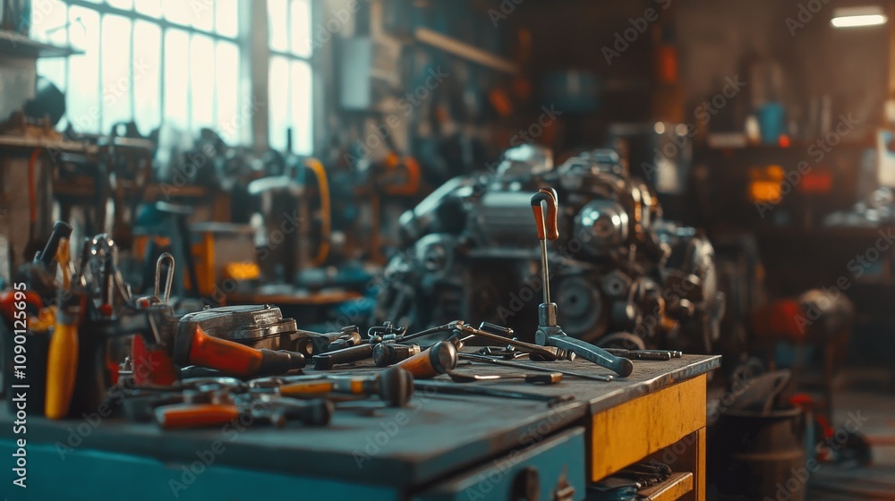 Naklejka premium a mechanicâ€™s tools spread on a workbench, with grease-stained hands fixing an engine in the background, celebrating National Blue Collar Worker Day, 