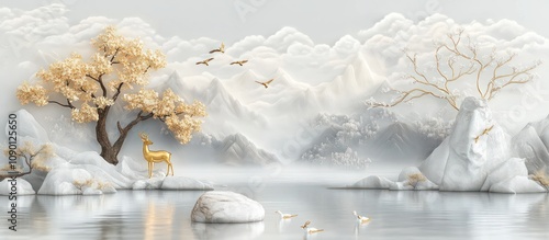 Wallpaper Mural Serene Mountain Lake with Golden Deer and Blooming Trees Torontodigital.ca