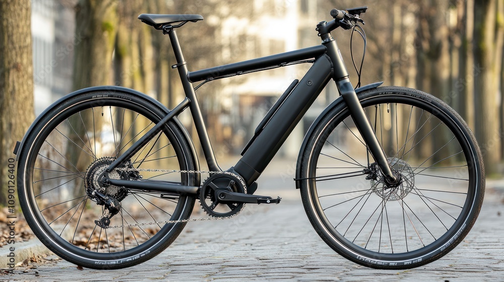 Fototapeta premium Black Electric Bike on Cobblestone Street