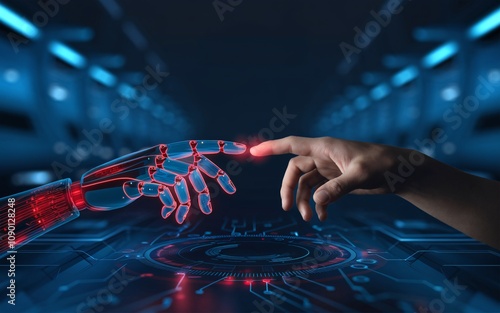 A futuristic, symbolic illustration of a human hand reaching out to touch a robotic hand made of glowing red circuits and transparent components.