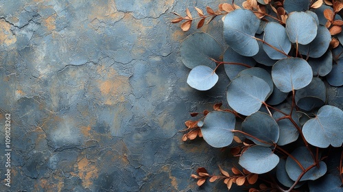 A textured blue and gold background with eucalyptus leaves arranged artistically.
