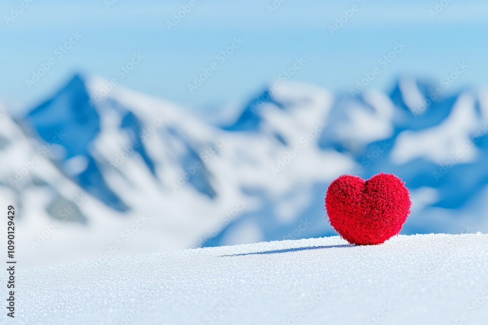 Fototapeta premium A vibrant red heart sits atop a snowy hill, framed by majestic mountains, symbolizing love and warmth amidst a winter landscape.