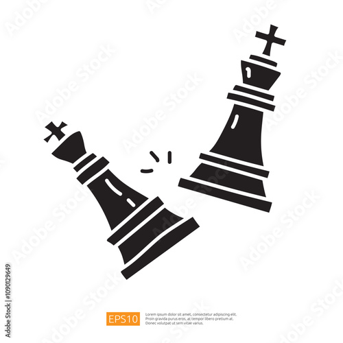 The image depicts two stylized chess pieces, a king and a rook, falling or being knocked over, symbolizing defeat in a chess game.