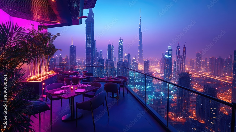 Fototapeta premium Rooftop restaurant, Elegant Rooftop Restaurant with City Skyline View at Sunset
