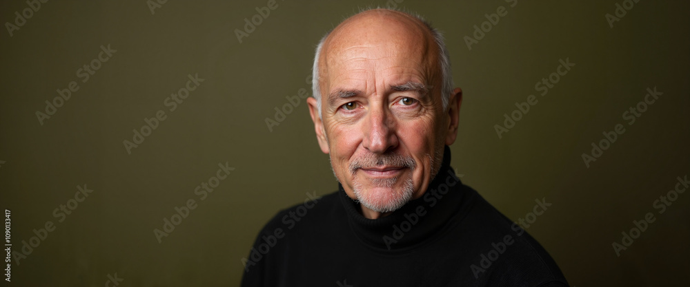Fototapeta premium Elderly man smiles warmly in black turtleneck, wisdom portrait