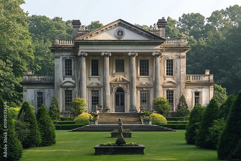 Fototapeta premium Grand neoclassical mansion with manicured gardens.