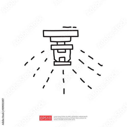 A simple line drawing of a sprinkler system, illustrating water spraying downwards in a controlled manner.