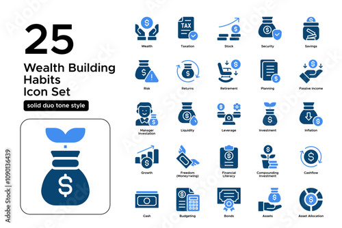 Wealth Building Solid Duo Tone Icon Set: Financial Freedom, Asset Management, and Growth Icons