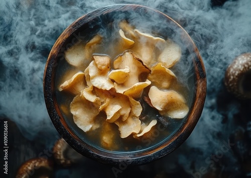 Steaming bowl of hearty vegetable soup, Rustic ceramic bowl, Vibrant orange broth, Chunky vegetables, Fresh herbs garnish, Moody dark background