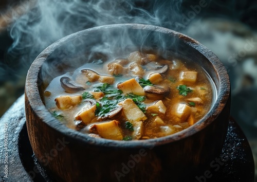 Steaming bowl of hearty vegetable soup, Rustic ceramic bowl, Vibrant orange broth, Chunky vegetables, Fresh herbs garnish, Moody dark background