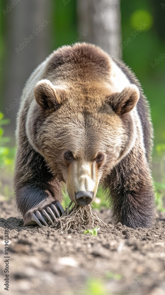 Obraz premium A bear forages in a forested area, digging in the ground for food.