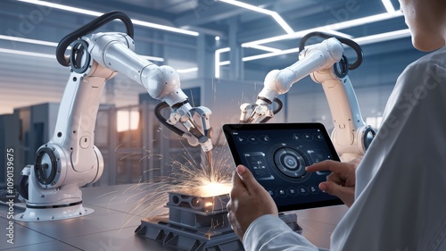 uturistic industrial scene featuring a person controlling robotic arms using a digital tablet in a modern factory setting. 