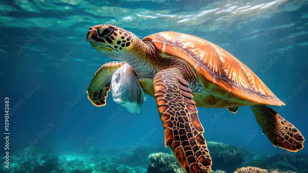 Fototapeta premium A sea turtle gracefully swims among coral reefs in clear water.