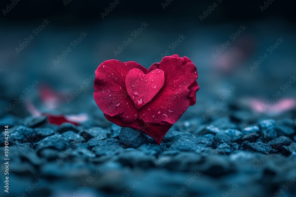 Fototapeta premium A vibrant red rose elegantly rests on a textured rock, symbolizing love and beauty, perfect for Valentine's Day themes and romantic expressions.