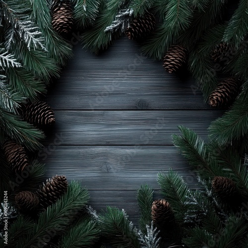 Christmas wreath, pine branches, pinecones, wooden background, moody lighting, rustic holiday decor, dark green foliage, festive border, cinematic atmosphere, vintage style, winter theme.