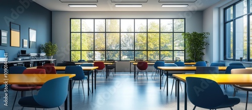 Modern Classroom Design: Bright and airy learning space with large windows overlooking lush greenery, featuring vibrant yellow tables and blue chairs, fostering creativity and collaboration.
