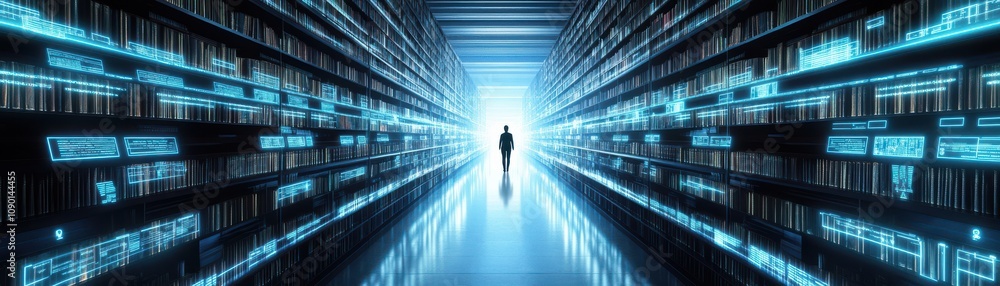 Fototapeta premium A solitary figure walking through a futuristic digital corridor.