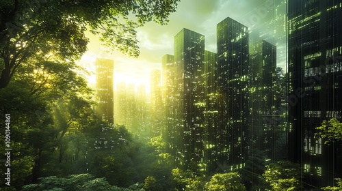 Lush green forest enveloping a modern city skyline at sunrise. photo