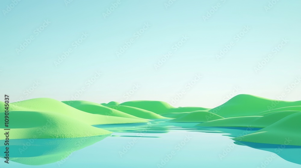 Obraz premium Serene nature landscape tranquil water body digital art green hills aerial view calmness and beauty in nature