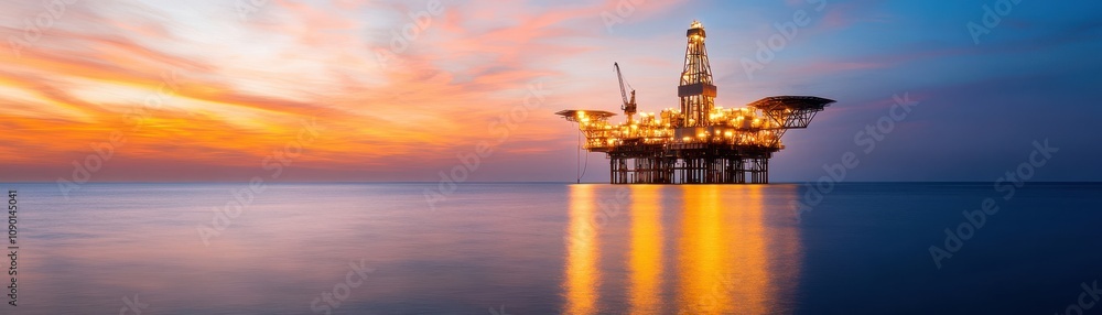 Obraz premium A stunning offshore oil rig illuminated at sunset on calm waters.