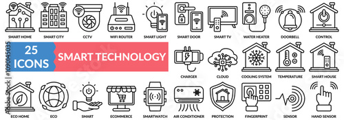 SMART TECHNOLOGY icon set with smart home, smart city, cctv, wifi router,  light, smart door, doorbell, fingerprint scan, sensor, and others.