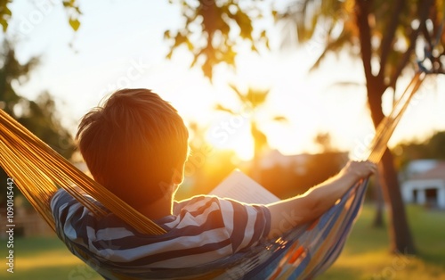 Person Relaxing in a Hammock with a Good Book, Enjoying Peace and Tranquility Outdoors photo