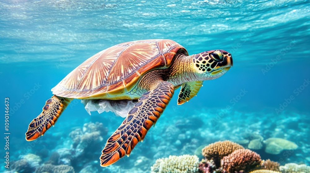 Fototapeta premium A vibrant turtle swimming gracefully through clear ocean waters.