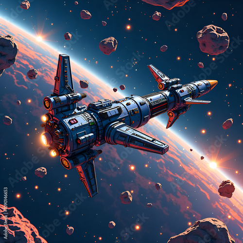 Wallpaper Mural A futuristic spaceship navigates through an asteroid belt in a distant galaxy under a dazzling starry sky, digital illustration of sci fi concept. Torontodigital.ca