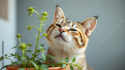 A curious cat with a playful expression leans in to sniff a potted plant, its whiskers twitching with anticipation photo