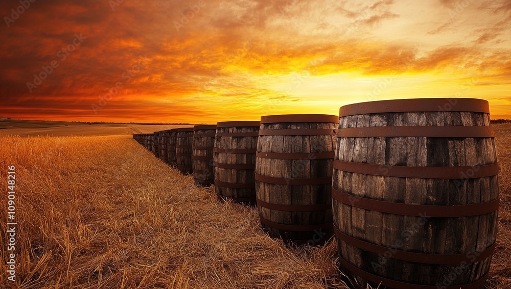 Obraz premium Sunset over Golden Fields with Barrels
