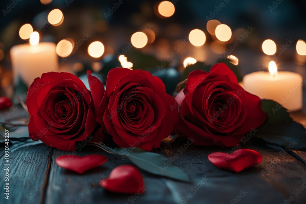 Fototapeta premium A romantic arrangement featuring three red roses and a flickering candle on a rustic wooden table, perfect for setting a loving atmosphere on Valentine's Day.