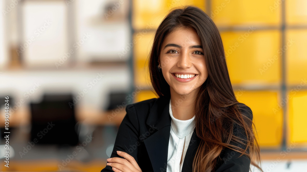 Obraz premium A confident woman smiles warmly in a professional office, illustrating approachability and success in a modern work environment.