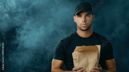 A focused delivery man grips a package firmly, embodying the essence of responsibility amidst a shadowy backdrop. photo