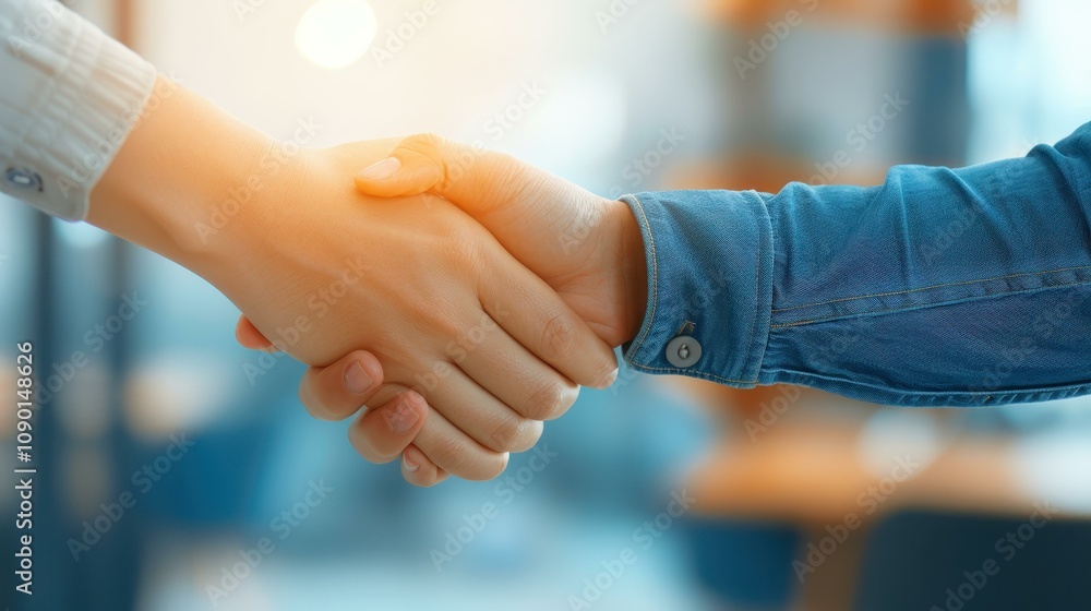 Fototapeta premium A warm welcome from the executive CEO as they greet the new employee with a friendly handshake in the office.