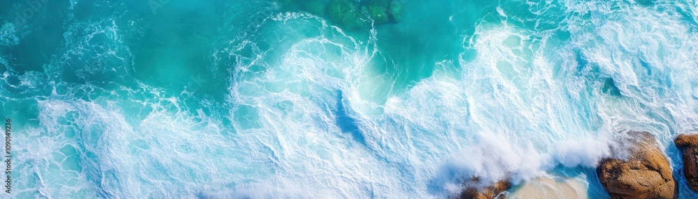 Fototapeta premium Aerial view of clear turquoise ocean waves crashing on rocks.