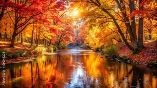 Autumnal River Reflecting Vibrant Fall Foliage in a Serene Forest